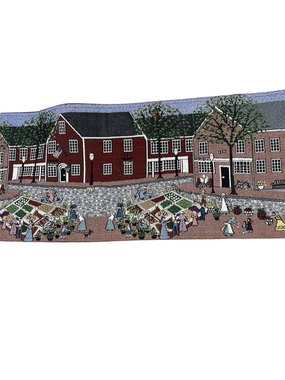 Colonial America Town Scene Tapestry Table Runner Town Common Folk Art 72” x 13”